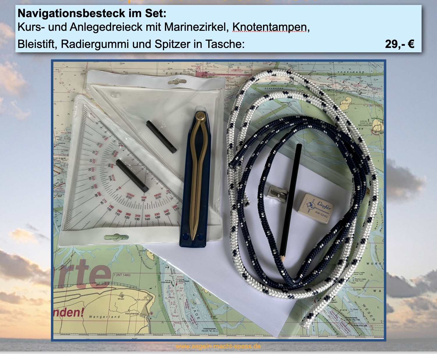 Navigationsset der Segelschule mit Kurs- und Anlegedreieck, Marinezirkel, Knotentampen, Bleistift, Radiergummi und Spitzer